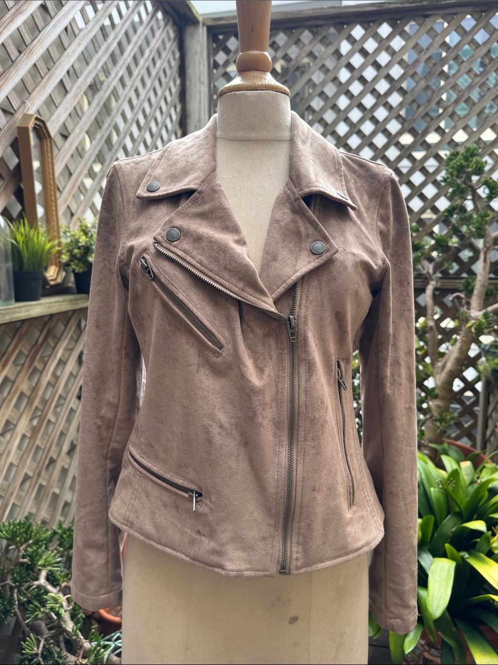 BLANK NYC Taupe Faux Suede Moto Jacket for Women - 2 Pockets Size Medium. EUC